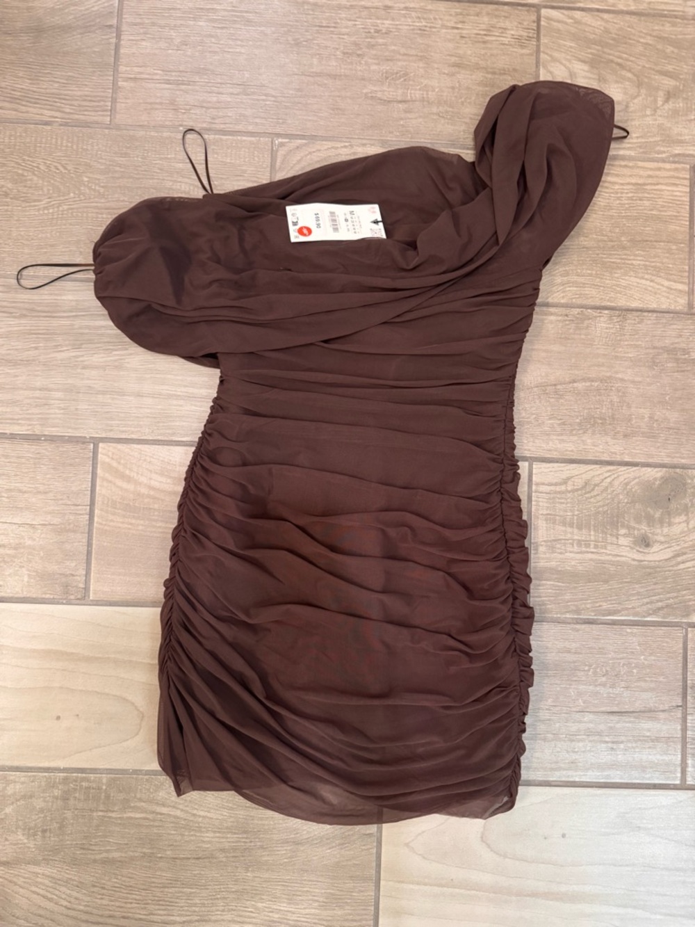 Zara Women’s Chocolate Brown Ruched One-Shoulder Dress